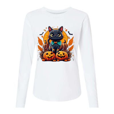 Funny Halloween Cat Costume Pumpkin Cat Black Cat Halloween Womens Cotton Relaxed Long Sleeve T-Shirt