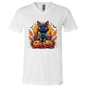 Funny Halloween Cat Costume Pumpkin Cat Black Cat Halloween V-Neck T-Shirt