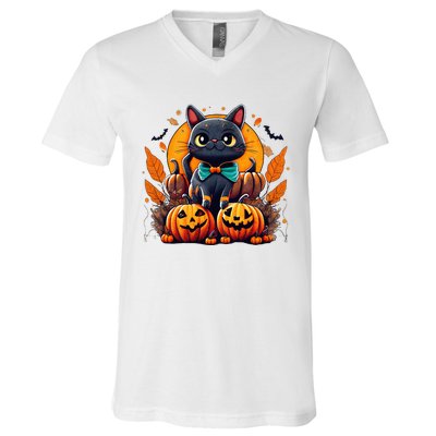 Funny Halloween Cat Costume Pumpkin Cat Black Cat Halloween V-Neck T-Shirt