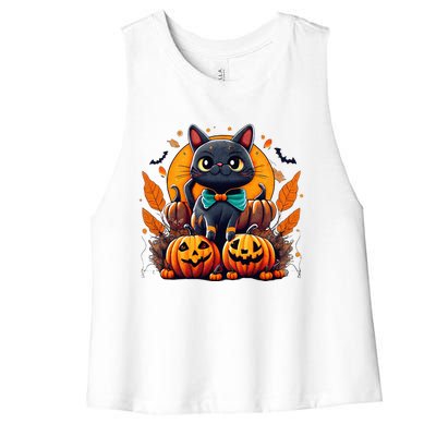 Funny Halloween Cat Costume Pumpkin Cat Black Cat Halloween Women's Racerback Cropped Tank