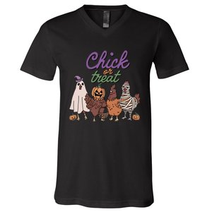 Funny Halloween Chicken Chick Or Treat Ghost Chickens Gift V-Neck T-Shirt