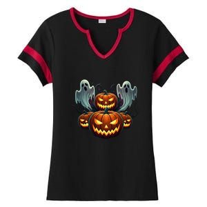 Funny Halloween Costume Gift Pumpkin Face Meaningful Gift Ladies Halftime Notch Neck Tee