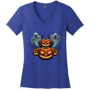 Funny Halloween Costume Gift Pumpkin Face Meaningful Gift Women's V-Neck T-Shirt