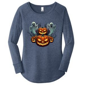 Funny Halloween Costume Gift Pumpkin Face Meaningful Gift Women's Perfect Tri Tunic Long Sleeve Shirt