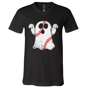 Funny Halloween Costume Baseball Ghost Baseball Lover V-Neck T-Shirt