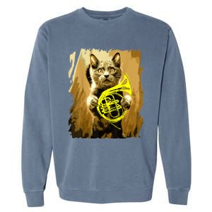 French Horn Cat Gift Music Funny Gift For Christmas Garment-Dyed Sweatshirt