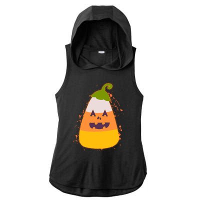 Funny Halloween Candy Corn Pumpkin Ladies PosiCharge Tri-Blend Wicking Draft Hoodie Tank