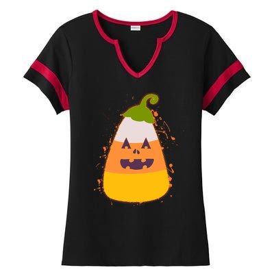 Funny Halloween Candy Corn Pumpkin Ladies Halftime Notch Neck Tee