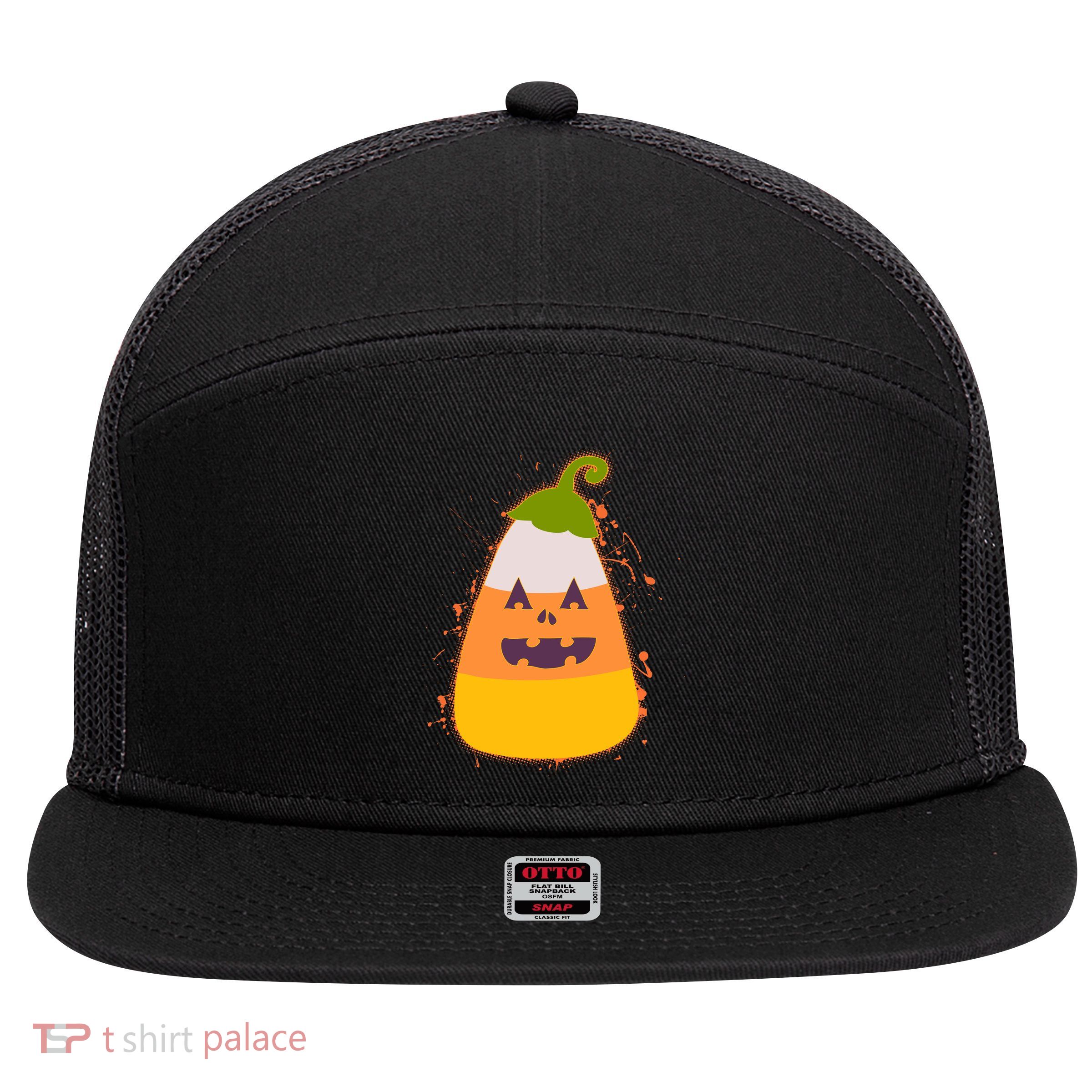 Funny Halloween Candy Corn Pumpkin 7 Panel Mesh Trucker Snapback Hat