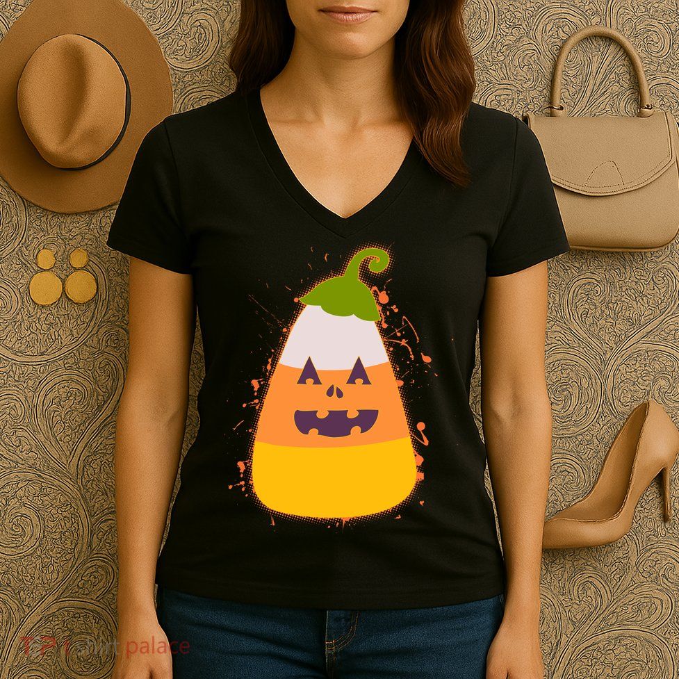 Funny Halloween Candy Corn Pumpkin Women's V-Neck T-Shirt
