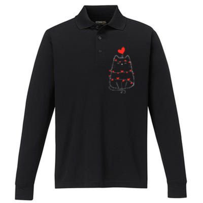 Funny Heart Cat ValentineS Day Heart Cat Lover Valentine Performance Long Sleeve Polo