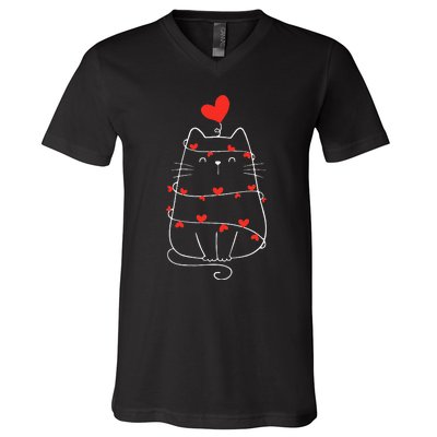 Funny Heart Cat ValentineS Day Heart Cat Lover Valentine V-Neck T-Shirt