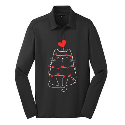 Funny Heart Cat ValentineS Day Heart Cat Lover Valentine Silk Touch Performance Long Sleeve Polo