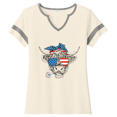 Funny Highland Cow Us Flag Glasses Patriotic July 4th Gift Ladies Halftime Notch Neck Tee