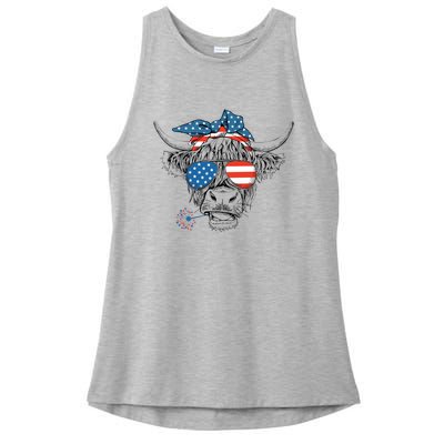 Funny Highland Cow Us Flag Glasses Patriotic July 4th Gift Ladies PosiCharge Tri-Blend Wicking Tank