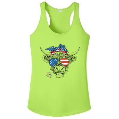 Funny Highland Cow Us Flag Glasses Patriotic July 4th Gift Ladies PosiCharge Competitor Racerback Tank