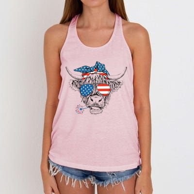 Funny Highland Cow Us Flag Glasses Patriotic July 4th Gift Women's Knotted Racerback Tank