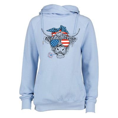 Funny Highland Cow Us Flag Glasses Patriotic July 4th Gift Womens Funnel Neck Pullover Hood