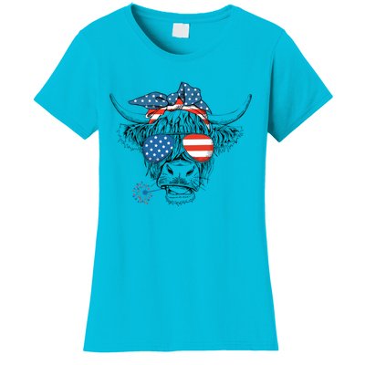 Funny Highland Cow Us Flag Glasses Patriotic July 4th Gift Women's T-Shirt