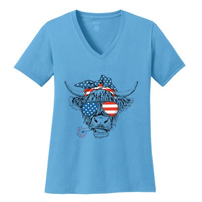 Funny Highland Cow Us Flag Glasses Patriotic July 4th Gift Women's V-Neck T-Shirt