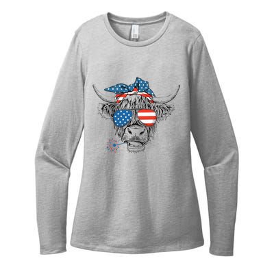 Funny Highland Cow Us Flag Glasses Patriotic July 4th Gift Womens CVC Long Sleeve Shirt