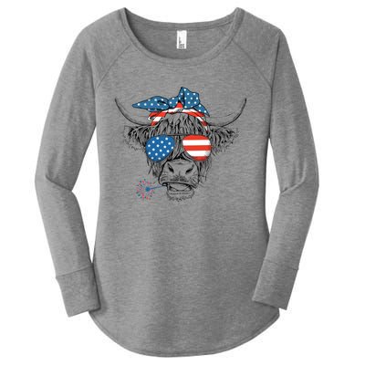 Funny Highland Cow Us Flag Glasses Patriotic July 4th Gift Women's Perfect Tri Tunic Long Sleeve Shirt