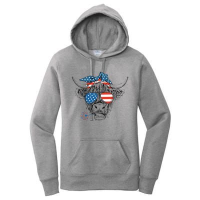 Funny Highland Cow Us Flag Glasses Patriotic July 4th Gift Women's Pullover Hoodie