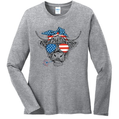 Funny Highland Cow Us Flag Glasses Patriotic July 4th Gift Ladies Long Sleeve Shirt