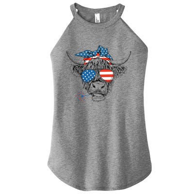 Funny Highland Cow Us Flag Glasses Patriotic July 4th Gift Women's Perfect Tri Rocker Tank