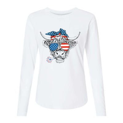 Funny Highland Cow Us Flag Glasses Patriotic July 4th Gift Womens Cotton Relaxed Long Sleeve T-Shirt