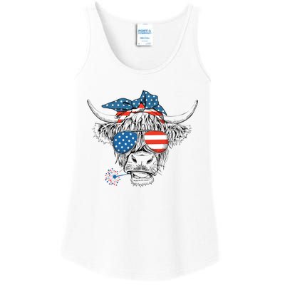 Funny Highland Cow Us Flag Glasses Patriotic July 4th Gift Ladies Essential Tank