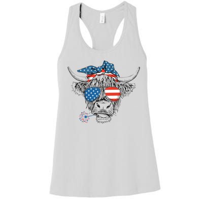 Funny Highland Cow Us Flag Glasses Patriotic July 4th Gift Women's Racerback Tank