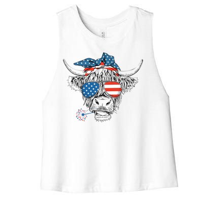 Funny Highland Cow Us Flag Glasses Patriotic July 4th Gift Women's Racerback Cropped Tank