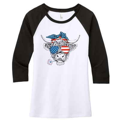 Funny Highland Cow Us Flag Glasses Patriotic July 4th Gift Women's Tri-Blend 3/4-Sleeve Raglan Shirt