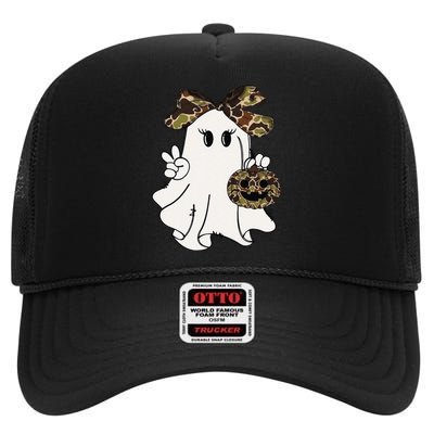 Funny Halloween Camouflage Camo Ghost Hello Hunting Season Gift High Crown Mesh Back Trucker Hat