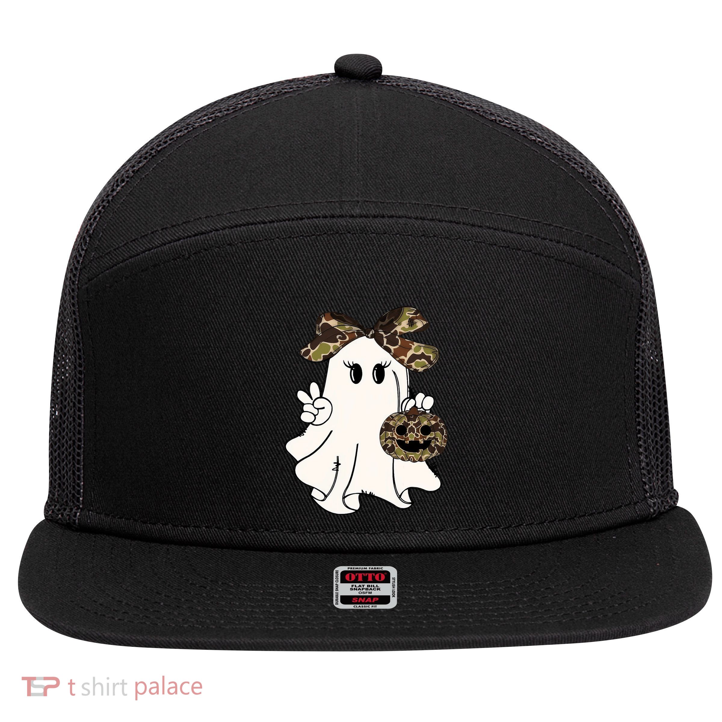 Funny Halloween Camouflage Camo Ghost Hello Hunting Season 7 Panel Mesh Trucker Snapback Hat