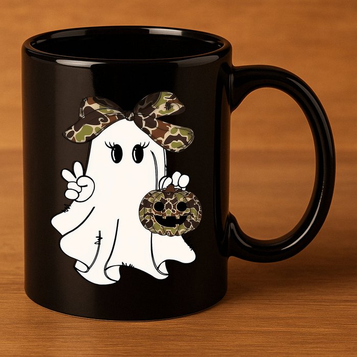 Funny Halloween Camouflage Camo Ghost Hello Hunting Season 11oz C Handle Ceramic Mug