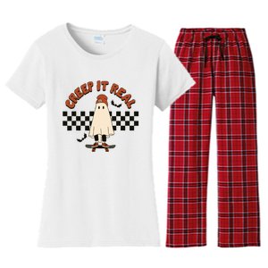 Funny Halloween Creep It Real Retro Skateboarding Ghost Women's Flannel Pajama Set