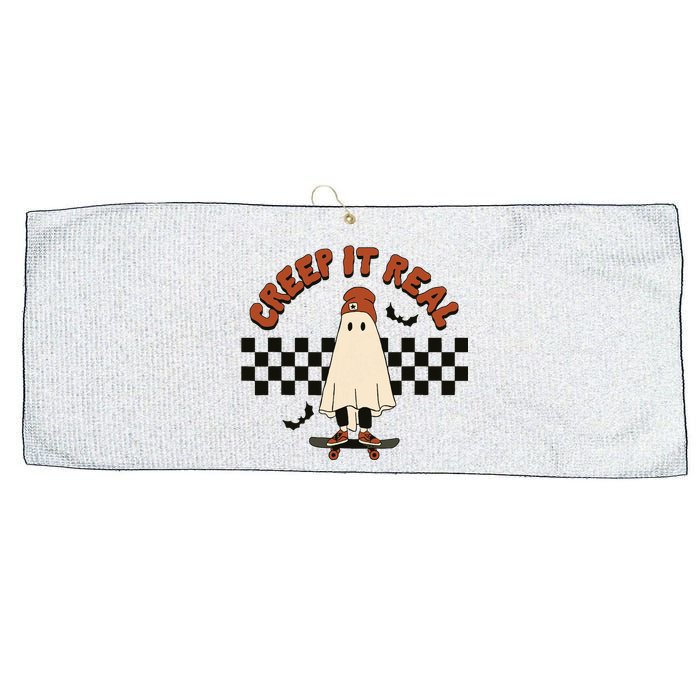 Funny Halloween Creep It Real Retro Skateboarding Ghost Large Microfiber Waffle Golf Towel