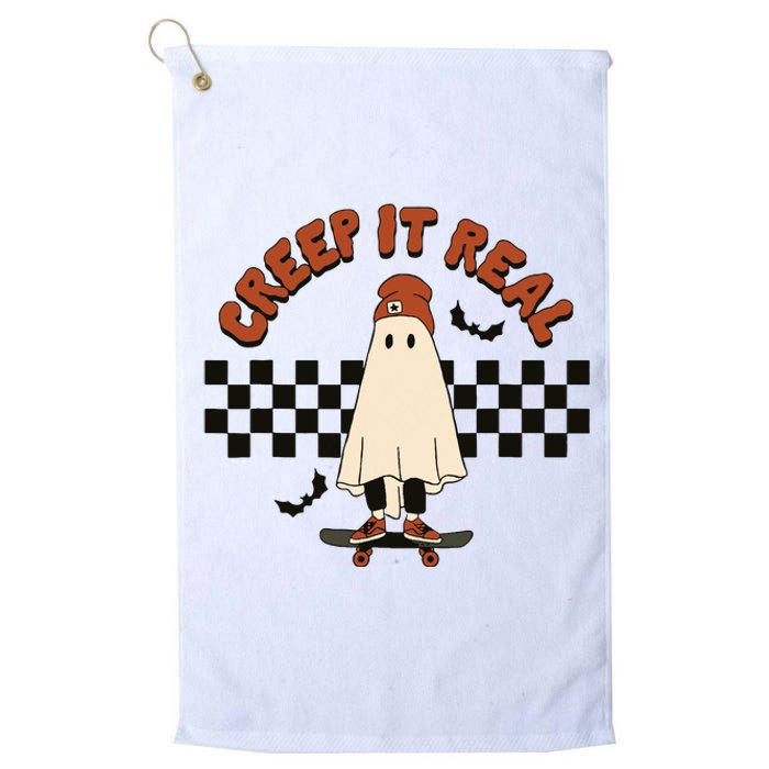 Funny Halloween Creep It Real Retro Skateboarding Ghost Platinum Collection Golf Towel