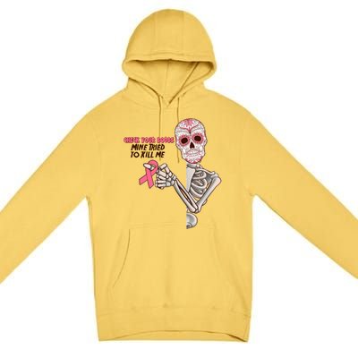 Funny Halloween Check Your Boobs Mine Tired To Kill Me Breast Cancer Awareness Premium Pullover Hoodie