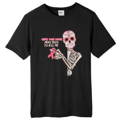 Funny Halloween Check Your Boobs Mine Tired To Kill Me Breast Cancer Awareness Tall Fusion ChromaSoft Performance T-Shirt