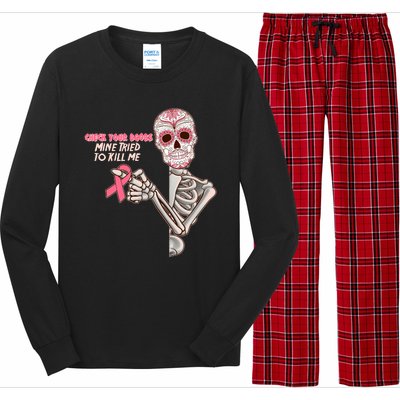 Funny Halloween Check Your Boobs Mine Tired To Kill Me Breast Cancer Awareness Long Sleeve Pajama Set