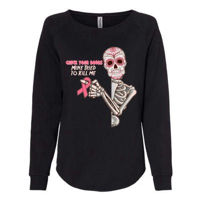 Funny Halloween Check Your Boobs Mine Tired To Kill Me Breast Cancer Awareness Womens California Wash Sweatshirt