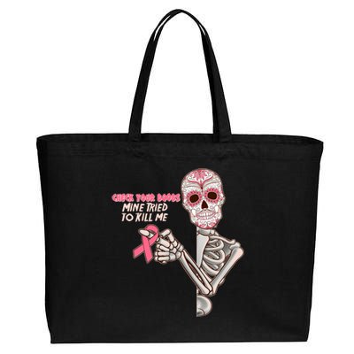 Funny Halloween Check Your Boobs Mine Tired To Kill Me Breast Cancer Awareness Cotton Canvas Jumbo Tote