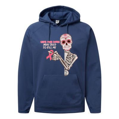 Funny Halloween Check Your Boobs Mine Tired To Kill Me Breast Cancer Awareness Performance Fleece Hoodie