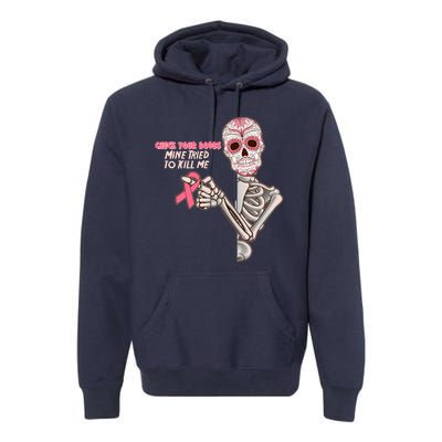 Funny Halloween Check Your Boobs Mine Tired To Kill Me Breast Cancer Awareness Premium Hoodie