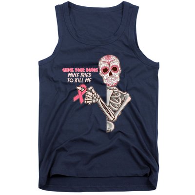 Funny Halloween Check Your Boobs Mine Tired To Kill Me Breast Cancer Awareness Tank Top