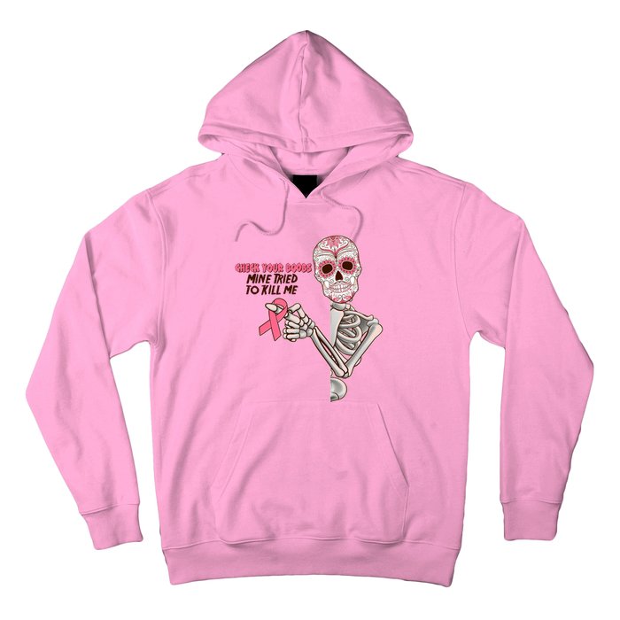 Funny Halloween Check Your Boobs Mine Tired To Kill Me Breast Cancer Awareness Hoodie