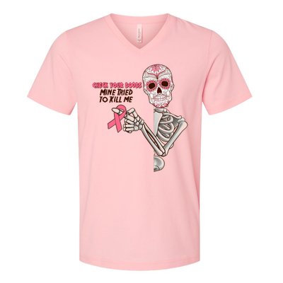 Funny Halloween Check Your Boobs Mine Tired To Kill Me Breast Cancer Awareness V-Neck T-Shirt